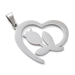 Нержавеющая Сталь Цвет 304 подвески из нержавеющей стали, лазерная резка, сердце с цветочным шармом, анти-тускнение, цвет нержавеющей стали, 26x22x1 мм, отверстие : 3x5.5 мм