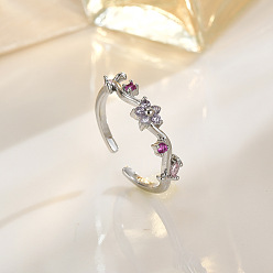 Платина Латунные кольца-манжеты с микропаве из прозрачных кубических цирконий, цветок, платина, 15~20 мм