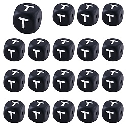 Letter T 20Pcs Black Cube Letter Silicone Beads 12x12x12mm Square Dice Alphabet Beads with 2mm Hole Spacer Loose Letter Beads for Bracelet Necklace Jewelry Making, Letter.T, 12mm, Hole: 2mm