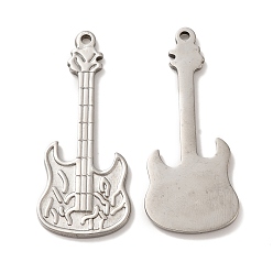Stainless Steel Color Non-Tarnish 304 Stainless Steel Pendants, Guitar Charm, Stainless Steel Color, 44x18x2mm, Hole: 2mm