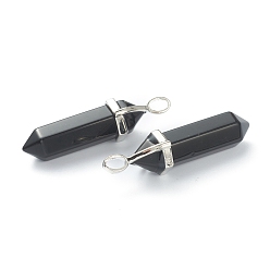 Obsidian Natural Obsidian Pendants, with Platinum Tone Brass Findings, Bullet, 39.5x12x11.5mm, Hole: 4.5x2.8mm