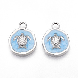 Светло-Голубой 304 подвески из нержавеющей стали, с эмалью, плоский круглый с подвесками в виде черепахи, цвет нержавеющей стали, Небесно-голубой, 16.5x13x2.5 мм, отверстие : 2.5 мм