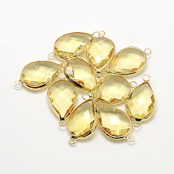 Светло-желтый Золотистые латунные стеклянные каплевидные соединители, светло-желтый, 21x11x5 мм, отверстие : 2 мм