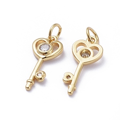 Golden Brass Micro Pave Cubic Zirconia Pendants, with Jump Rings, Long-Lasting Plated, Heart Key, Clear, Golden, 18.5x8x2.5mm, Hole: 3.4mm