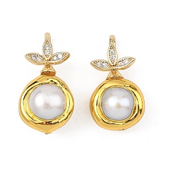 Golden Natural Baroque Keshi Pearl Pendants, Round Charms with Brass Micro Pave Clear Cubic Zirconia Leaf, White, Golden, 24.5x13x10mm, Hole: 5x3mm