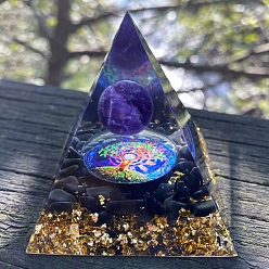 Аметист Украшение дисплея смолы, с натуральным аметистом и натуральным обсидианом, для украшения дома, пирамида, 60x60x60 мм