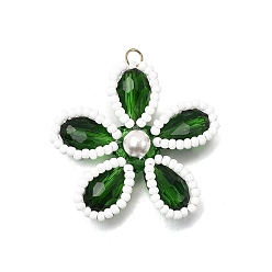Зеленый Стеклянные подвески, цветочный шарм, с 304 соединительными кольцами из нержавеющей стали и круглыми бусинами из ракушек, граненые, зелёные, 33.5~34x34.5~35x8.5 мм, отверстие : 3 мм