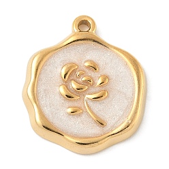 Белый 304 подвески из нержавеющей стали, с эмалью, плоская круглая с подвеской в виде цветка, реальный 18 k позолоченный, белые, 18x16x2 мм, отверстие : 1.2 мм