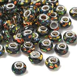 Черный Прозрачные европейские бусины-рондель из смолы, с пайетками в виде конского глаза и латунными сердечниками платинового тона, бусины с большим отверстием, чёрные, 14x8.5 мм, отверстие : 5 мм