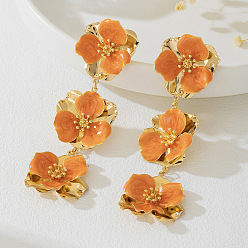 Коралловый Серьги-гвоздики из сплава и эмали, цветок, золотые, коралл, 100x30 мм