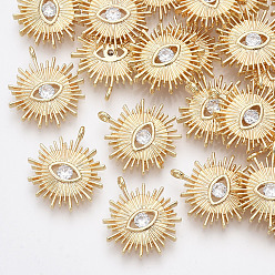 Настоящее золото 18K Латуни циркония кубической подвески, без никеля , солнце с глазом, прозрачные, реальный 18 k позолоченный, 17x15.5x3 мм, отверстие : 1.2 мм