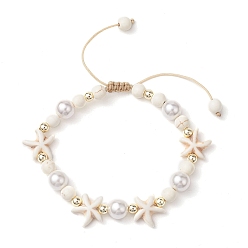 (404) Непрозрачное AB Кислое яблоко Регулируемые браслеты из оплетенных бусин из окрашенной синтетической бирюзы и жемчуга-ракушки, Летние пляжные браслеты в виде морских звезд для женщин, цветочный белый, внутренний диаметр: 2~3-1/4 дюйм (5.1~8.1 см)