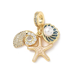 Настоящее золото 18K Латунь микропаве прозрачный кубический цирконий европейские подвески с подвесками, Подвески в форме ракушки из синей эмали, стальные, с большим отверстием, с имитацией жемчуга из АБС-пластика, без кадмия и без свинца, стойки покрытие, реальный 18 k позолоченный, 30 мм, отверстие : 5 мм