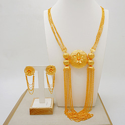 Плоский Круглый Многослойные ожерелья из сплава с подвесками и серьги-гвоздики, золотые, плоско-круглые, 500 мм