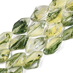 Green Handmade Lampwork Beads Strands, Polygon, Green, 21~22x13.5~14x7.5~8.5mm, Hole: 0.9~1mm, about 20pcs/strand, 16.14~16.54 inch(41~42cm)