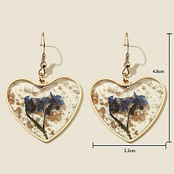 Полуночно-синий Серьги-подвески из сплава в форме сердца из смолы, с сухих цветов, золотые, темно-синий, 38x20 мм