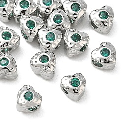 Platinum SHEGRACE Brass Green Cubic Zirconia Beads, Texture Heart, Cadmium Free & Lead Free & Nickel Free, Platinum, 5x5x4mm, Hole: 1.6mm