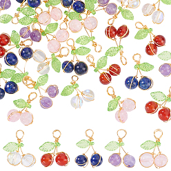Смешанные камни 30 шт. 6 стили натуральный лазурит, сердолик, розовый кварц, аметист, синтетический лунный камень, круглые подвески из медной проволоки, подвески вишневые с акриловыми листьями, смешанные окрашенные и неокрашенные, золотые, 17.5x14.5x6.5 мм, отверстие : 4.5 мм, 5 шт / стиль