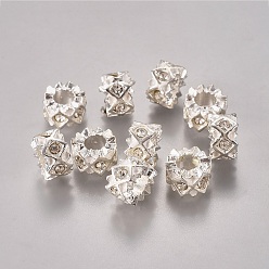 Белый Эмали сплава Европейский бисером, со стразами классом a , бусины с большим отверстием, колонка, серебряный цвет гальваническим, белые, 11x6 мм, отверстие : 5 мм