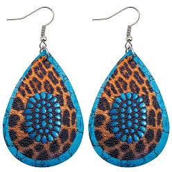 Chocolate Imitation Leather Teardrop with Leopard Print Dangle Earrings, Bohemia StyleEarrings for Women, Chocolate, 78x38mm