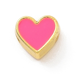 Hot Pink Eco-friendly Rack Plating Brass Enamel Beads, Cadmium Free & Lead Free, Long-Lasting Plated, Real 18K Gold Plated, Heart, Hot Pink, 7x7.5x5mm, Hole: 1.2mm
