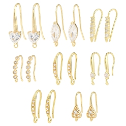 Настоящее золото 18K 16шт 8 стили латунные крючки для сережек, с кубическим цирконием и горизонтальной петлей, без никеля , реальный 18 k позолоченный, 15~29x9~17x2~5 мм, отверстие : 1~1.8 мм, штифты : 0.7~1 мм, 2 шт / стиль