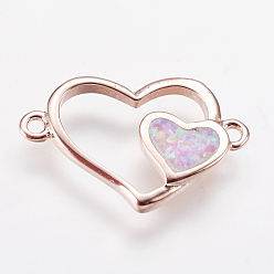 Pink Messingverbinder Stecker, mit synthetischen Opal, Herz, Roségold, rosa, 10.5x16.5x1.5 mm, Bohrung: 1 mm