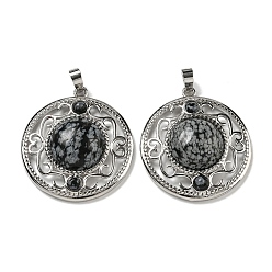 Снежный Обсидиан Естественно снежинка обсидиана подвески, покрытие стойки латунные полые плоские круглые подвески, без кадмия и без свинца, платина, 36.5x33x9.5 мм, отверстие : 7.5x5 мм