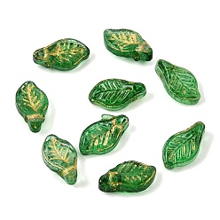 Green Baking Paint and Golden Metal Enlaced Glass Pendants, Leaf Charms, Green, 12x6.5x5mm, Hole: 1mm