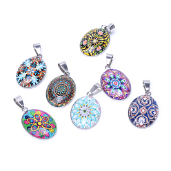 Mixed Color Flower Pattern Glass Pendants, with 201 Stainless Steel Findings, Oval, Mixed Color, 29.5x18.5x5~6mm, Hole: 4x6mm