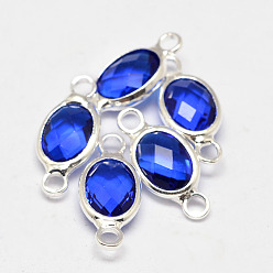 Blue Oval Faceted Silver Color Plated Brass Glass Links connectors, Blue, 14.5~15x6.5~7.5x3.2mm, Hole: 1mm