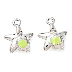 Spring Green Alloy Enamel Pendants, Starfish with Shell Shape Charms, with Crystal Rhinestone, Platinum, Spring Green, 13.5x11.5x5.5mm, Hole: 1.5mm