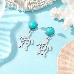 Tortoise 304 из нержавеющей стали болтаться серьги, с синтетической бирюзой и 304 серьгами-гвоздиками из нержавеющей стали, платина, черепаха, 30.5x14.5 мм