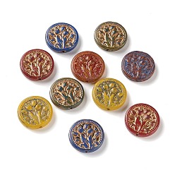 Mixed Color Handmade Lampwork Beads, Flat Round with Flower, Golden Metal Enlaced, Mixed Color, 20x5mm, Hole: 1.2mm