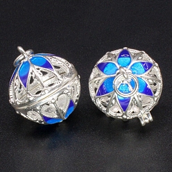 Серебро Подвески в виде полых бусин из латуни и эмали, круглый с цветочной подвеской, для ожерелья, серебряные, 18 мм