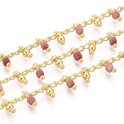 Родонит Латунь бордюр цепи, с натуральными родонитовыми шариками, пайки, с катушкой, долговечный, золотые, пайки, кубические, 5~6x2~2.5x2~2.5 мм