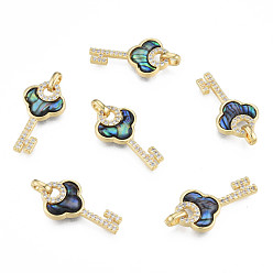 Colorful Brass Micro Pave Clear Cubic Zirconia Pendants, with Synthetic Abalone Shell/Paua Shells, Real 18K Gold Plated, Nickel Free, Key, Colorful, 24x13x3mm, Hole: 2.5x4mm