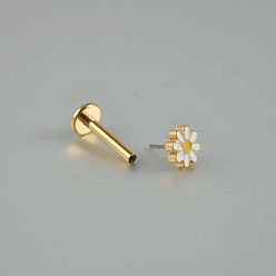 Золотой Латунная эмалевая ромашка цветок безрезьбовой лабретт-гвоздик, козелок шпилька, плоская серьга сзади, 316l штифты для прокалывания из нержавеющей стали, золотые, 8 мм, штифты : 1.2 мм
