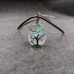 Бледно-бирюзовый Овальный кулон в виде дерева из сушеных цветов с внутренней стеклянной вставкой из сплава и проволоки, на вощеном шнуре, для женщин., античная бронза, бледные бирюзовая, 17.72 дюйм (45 см)