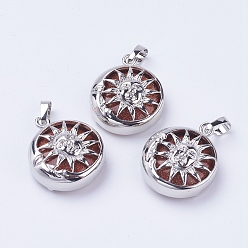 Камень с Пылевым Золотом Синтетические голдстоуновские подвески, с латунной фурнитурой , плоские круглые с солнцем, платина, 28x24x9~10 мм, отверстие : 5x7 мм