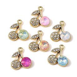 Golden Alloy Rhinestone Pendants, Cherry Charms, with Glass, UV Plating, Mixed Color, Golden, 18.5x17x5mm, Hole: 1.8mm