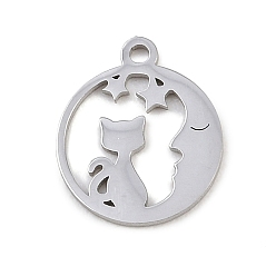 Нержавеющая Сталь Цвет 304 прелести нержавеющей стали, плоский круглый с луной и кошкой, цвет нержавеющей стали, 12.5x10.5x1 мм, отверстие : 1.2 мм