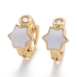 Белый Серьги-кольца из латуни с микропаве из прозрачного кубического циркония, с эмалью, звезда, реальный 18 k позолоченный, белые, 13x2~7 мм, штифты : 0.7 мм