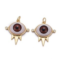 Коричневый Латунные микропаве прозрачные подвески с фианитом, с акрилом и прыжковым кольцом, долговечный, глаз, реальный 18 k позолоченный, коричневые, 21x20x7 мм