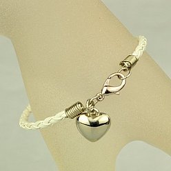 White PU Leather Braided Charm Bracelets, with CCB Plastic Pendants and Alloy Lobster Claw Clasps, White, 180mm