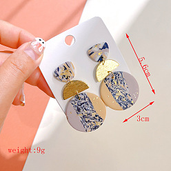 Плоский Круглый Серьги-гвоздики из полимерной глины и сплава, золотые, плоско-круглые, 56x30 мм