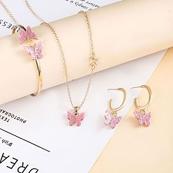 Фламинго Комплекты из ожерелья с подвеской в виде бабочки из акрила, сережек-гвоздиков и браслетов-манжет для женщин, золотые, фламинго, 480 мм