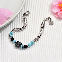 Синтетическая Бирюза Синтетические бирюзовые браслеты из бисера, браслеты-цепочки из нержавеющей стали для мужчин, голова тигра, внутренний диаметр: 7-1/8 дюйм (18 см)