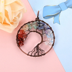 Красная Медь Большие подвески с драгоценными камнями из медной проволоки, Плоские круглые обереги «Древо жизни», Красная медь, 50 мм