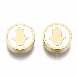 Doré  304 billes d'acier inoxydable, Coupe au laser, avec l'émail, blanc, plat rond avec hamsa main / main de fatima / main de miriam, or, 9.5x3mm, Trou: 2mm